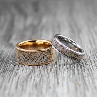 Deer Antler Rings, 2 Piece Couple Set Deer Antler Wedding Bands, Antler Rings, Antler Wedding Rings, Deer Antler Wedding Rings, Silver Tungsten Bands, Genuine Deer Antler Inlay Rings