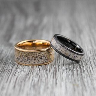Deer Antler Rings, 2 Piece Couple Set Deer Antler Wedding Bands, Antler Rings, Antler Wedding Rings, Deer Antler Wedding Rings, Black Tungsten Bands, Genuine Deer Antler Inlay Rings