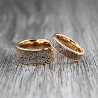 Deer Antler Rings, 2 Piece Couple Set Deer Antler Wedding Bands, Antler Rings, Antler Wedding Rings, Deer Antler Wedding Rings, 14K Rose Gold Tungsten Bands, Genuine Deer Antler Inlay Rings