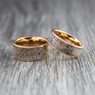 Deer Antler Rings, 2 Piece Couple Set Deer Antler Wedding Bands, Antler Rings, Antler Wedding Rings, Deer Antler Wedding Rings, 14K Rose Gold Tungsten Bands, Genuine Deer Antler Inlay Rings