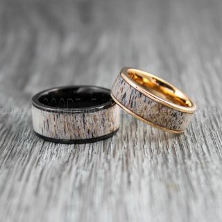 Deer Antler Rings, 2 Piece Couple Set Deer Antler Wedding Bands, Antler Rings, Antler Wedding Rings, Deer Antler Wedding Rings, Black Tungsten Bands, Genuine Deer Antler Inlay Rings