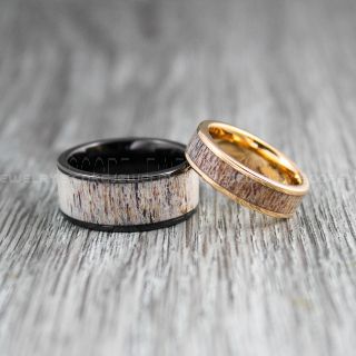 Deer Antler Rings, 2 Piece Couple Set Deer Antler Wedding Bands, Antler Rings, Antler Wedding Rings, Deer Antler Wedding Rings, Black Tungsten Bands, Genuine Deer Antler Inlay Rings