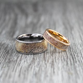 Deer Antler Rings, 2 Piece Couple Set Deer Antler Wedding Bands, Antler Rings, Antler Wedding Rings, Deer Antler Wedding Rings, Silver Tungsten Bands, Genuine Deer Antler Inlay Rings