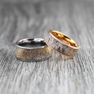 Deer Antler Rings, 2 Piece Couple Set Deer Antler Wedding Bands, Antler Rings, Antler Wedding Rings, Deer Antler Wedding Rings, Silver Tungsten Bands, Genuine Deer Antler Inlay Rings