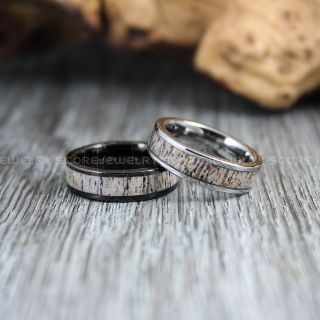 Deer Antler Rings, 2 Piece Couple Set Deer Antler Wedding Bands, Antler Rings, Antler Wedding Rings, Deer Antler Wedding Rings, Black Tungsten Bands, Genuine Deer Antler Inlay Rings