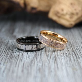 Deer Antler Rings, 2 Piece Couple Set Deer Antler Wedding Bands, Antler Rings, Antler Wedding Rings, Deer Antler Wedding Rings, Black Tungsten Bands, Genuine Deer Antler Inlay Rings