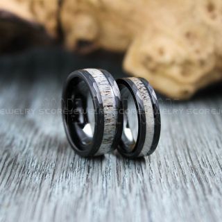 Deer Antler Rings, 2 Piece Couple Set Deer Antler Wedding Bands, Antler Rings, Hammered Rings, Antler Wedding Rings, Deer Antler Wedding Rings, Black Tungsten Bands, Genuine Deer Antler Inlay Rings