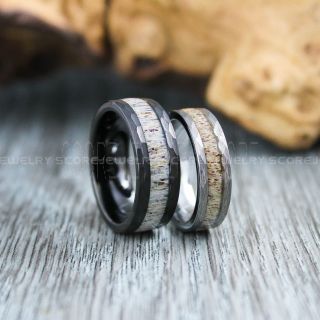 Deer Antler Rings, 2 Piece Couple Set Deer Antler Wedding Bands, Antler Rings, Hammered Rings, Antler Wedding Rings, Deer Antler Wedding Rings, Black Tungsten Bands, Genuine Deer Antler Inlay Rings