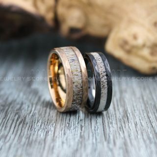 Deer Antler Rings, 2 Piece Couple Set Deer Antler Wedding Bands, Antler Rings, Hammered Rings, Antler Wedding Rings, Deer Antler Wedding Rings, Rose Gold Tungsten Bands, Genuine Deer Antler Inlay Rings