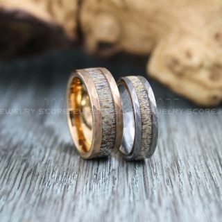 Deer Antler Rings, 2 Piece Couple Set Deer Antler Wedding Bands, Antler Rings, Hammered Rings, Antler Wedding Rings, Deer Antler Wedding Rings, Rose Gold Tungsten Bands, Genuine Deer Antler Inlay Rings