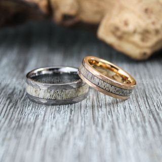 Deer Antler Rings, 2 Piece Couple Set Deer Antler Wedding Bands, Antler Rings, Hammered Rings, Antler Wedding Rings, Deer Antler Wedding Rings, Silver Tungsten Bands, Genuine Deer Antler Inlay Rings