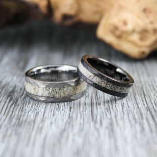 Deer Antler Rings, 2 Piece Couple Set Deer Antler Wedding Bands, Antler Rings, Hammered Rings, Antler Wedding Rings, Deer Antler Wedding Rings, Silver Tungsten Bands, Genuine Deer Antler Inlay Rings
