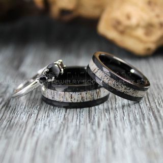 3 Piece Couple Set Wedding Rings, Deer Antler Rings, Black Wedding Bands, Black Hammered Tungsten Bands, Black Wedding Rings, Black Tungsten Wedding Rings
