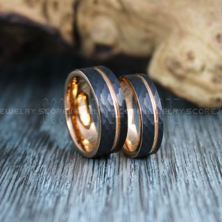 Hammered Rings, Hammered Wedding Bands, 2 Piece Couple Set Hammered Rings, Black Wedding Bands, Black Hammered Tungsten Bands, Black Wedding Rings, Black Tungsten Wedding Rings