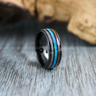 Opal Ring, Koa Wood Ring, Deer Antler Ring, Black Tungsten Band with Opal Inlay, Deer Antler Wedding Ring, Opal Wedding Band, Opal Wedding Ring, Black Tungsten Wedding Ring