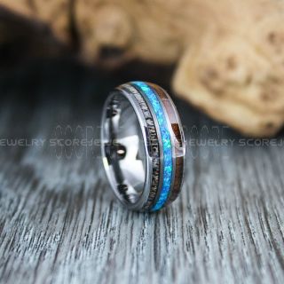 Opal Ring, Koa Wood Ring, Deer Antler Ring, Silver Tungsten Band with Opal Inlay, Deer Antler Wedding Ring, Opal Wedding Band, Opal Wedding Ring, Silver Tungsten Wedding Ring