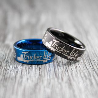 Truck Driver Rings, 2 Piece Couple Set Trucker Rings, Black Tungsten Rings, Trucker Jewelry, Truck Driver Wedding Bands, Black Tungsten Bands, Black Wedding Rings