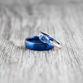 2 Piece Couple Set Wedding Rings, Blue Wedding Bands, Blue Hammered Tungsten Bands, Blue Wedding Rings, Blue Tungsten Wedding Rings