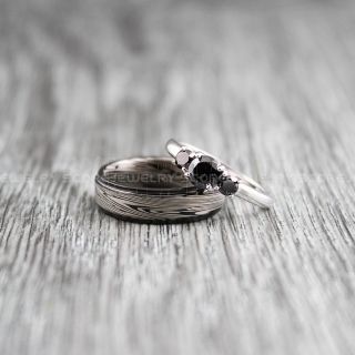 Damascus Steel Ring, Black Wedding Band, 2 Piece Couple Set Wedding Rings, Black Damascus Steel Tungsten Bands, Black Wedding Rings, Black Tungsten Wedding Rings