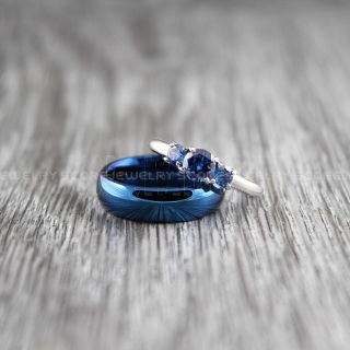 Blue Wedding Bands, 2 Piece Couple Set Wedding Rings, Blue Tungsten Bands, Blue Wedding Rings, Blue Tungsten Wedding Rings
