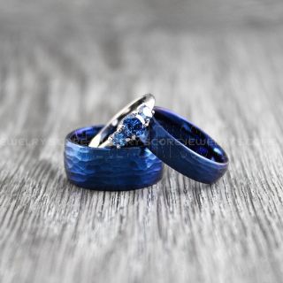 3 Piece Couple Set Wedding Rings, Blue Wedding Bands, Blue Hammered Tungsten Bands, Blue Wedding Rings, Blue Tungsten Wedding Rings