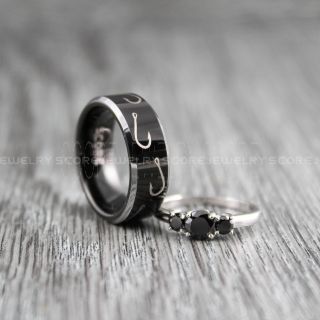 Fishing Ring, Fish Hooks Ring, Black Wedding Band, 2 Piece Couple Set Wedding Rings, Black Fishing Tungsten Bands, Black Wedding Rings, Black Tungsten Wedding Rings