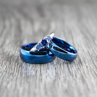 3 Piece Couple Set Wedding Rings, Blue Wedding Bands, Blue Tungsten Bands, Blue Wedding Rings, Blue Tungsten Wedding Rings