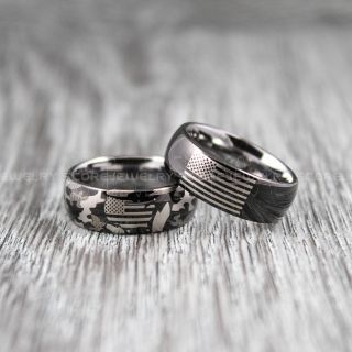 American Flag Rings, Camo Rings, Camouflage Rings, 2 Piece Couple Set American Flag Wedding Bands, 8mm Black Tungsten Rings, Black Wedding Bands, Black Tungsten Bands, Military Rings