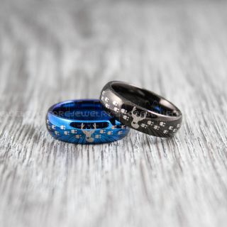 Deer Hunting Rings, Deer Hunting Wedding Rings, 2 Piece Couple Set Deer Wedding Bands, Deer Tracks Rings, Deer Tracks Blue Tungsten Rings, Blue Wedding Bands, Hunting Rings, Deer Antler Wedding Bands