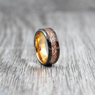 Dragon Ring, Dragon Inlay Ring, Celtic Ring, 14K Rose Gold Tungsten Ring, Rose Gold Wedding Band, Rose Gold Tungsten Ring with Black Carbon Fiber and Silver Celtic Dragon Inlay Ring