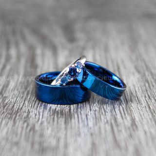 3 Piece Couple Set Wedding Rings, Blue Wedding Bands, Blue Tungsten Bands, Blue Wedding Rings, Blue Tungsten Wedding Rings