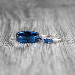 Blue Wedding Bands, 2 Piece Couple Set Wedding Rings, Blue Tungsten Bands, Blue Wedding Rings, Blue Tungsten Wedding Rings
