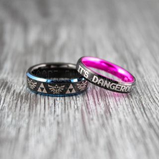 2 Piece Couple Set Legend of Zelda Rings, Zelda Wedding Rings, Zelda Wedding Bands, Black Tungsten Rings, Black Wedding Bands