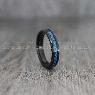 Black Wedding Ring, 4mm Black Wedding Band, Black Ring with Blue Carbon Fiber Inlay, Black Wedding Band