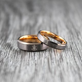 Nautical Rings, Ship Wheel Rings, Anchor Rings, 2 Piece Couple Set Anchor Wedding Rings, Gunmetal Wedding Bands, Gunmetal Tungsten Bands, Gunmetal Wedding Rings, Gunmetal Tungsten Wedding Rings