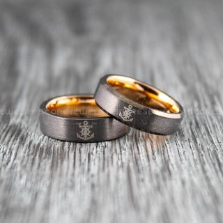 Nautical Rings, Ship Wheel Rings, Anchor Rings, 2 Piece Couple Set Anchor Wedding Rings, Gunmetal Wedding Bands, Gunmetal Tungsten Bands, Gunmetal Wedding Rings, Gunmetal Tungsten Wedding Rings