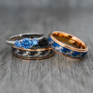 Ocean Wave Ring, Wave Ring, Beach Ring, Beach Jewelry, Ocean Wave Wedding Rings, Blue Wedding Rings, Couple Rings, Blue Wedding Bands, Couple Wedding Ring, Matching Couple Rings