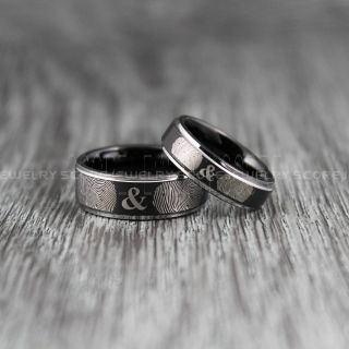 2 Piece Couple Set Custom Fingerprint Rings, Fingerprint Wedding Rings, Fingerprint Wedding Bands, Black Wedding Bands, Black Wedding Rings, Black Tungsten Rings