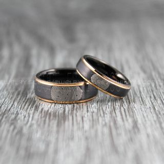 2 Piece Couple Set Custom Fingerprint Rings, Fingerprint Wedding Rings, Fingerprint Wedding Bands, Black Wedding Bands, Black Wedding Rings, Black Tungsten Rings