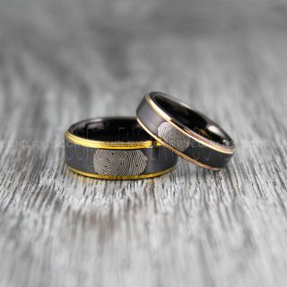 2 Piece Couple Set Custom Fingerprint Rings, Fingerprint Wedding Rings, Fingerprint Wedding Bands, Black Wedding Bands, Black Wedding Rings, Black Tungsten Rings