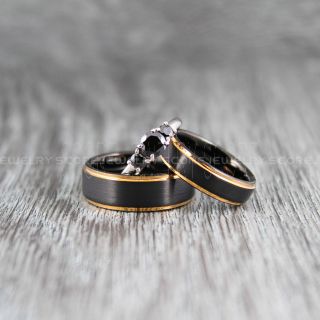 Black Wedding Bands, Black Wedding Rings, 3 Piece Wedding Ring and Engagement Ring Set, Black Wedding Bands