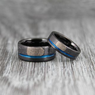 2 Piece Couple Set Custom Fingerprint Rings, Fingerprint Wedding Rings, Fingerprint Wedding Bands, Black Wedding Bands, Black Wedding Rings, Black Tungsten Rings