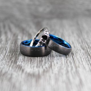 3 Piece Couple Set Wedding Rings, Black Wedding Bands, Black Tungsten Bands, Black Wedding Rings, Black Tungsten Wedding Rings