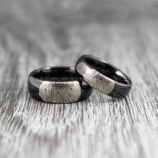 2 Piece Couple Set Custom Fingerprint Rings, Fingerprint Wedding Rings, Fingerprint Wedding Bands, Black Wedding Bands, Black Wedding Rings, Black Tungsten Rings