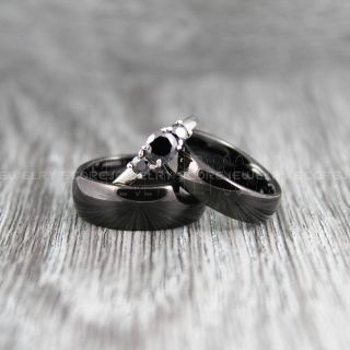 3 Piece Couple Set Wedding Rings, Black Wedding Bands, Black Tungsten Bands, Black Wedding Rings, Black Tungsten Wedding Rings