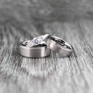 3 Piece Couple Set Wedding Rings, Silver Wedding Bands, Silver Tungsten Bands, Silver Wedding Rings, Silver Tungsten Wedding Rings
