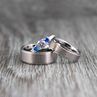 3 Piece Couple Set Wedding Rings, Silver Wedding Bands, Silver Tungsten Bands, Silver Wedding Rings, Silver Tungsten Wedding Rings