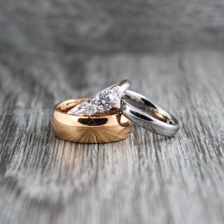 3 Piece Couple Wedding Rings, Rose Gold Wedding Bands, Rose Gold Tungsten Rings, Rose Gold Tungsten Wedding Bands