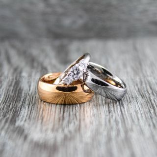 3 Piece Couple Wedding Rings, Rose Gold Wedding Bands, Rose Gold Tungsten Rings, Rose Gold Tungsten Wedding Bands