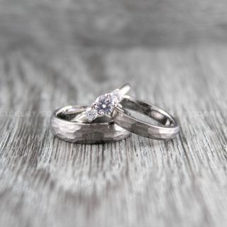 Hammered Rings, Silver Wedding Bands, 3 Piece Couple Set Silver Hammered Tungsten Bands, Silver Wedding Rings, Silver Tungsten Wedding Rings